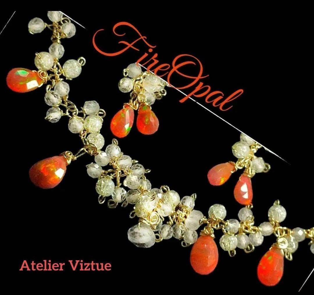 14Kgf 高品質 全遊色ファイヤーオパール ホワイトトパーズ ネックレス 誕生石