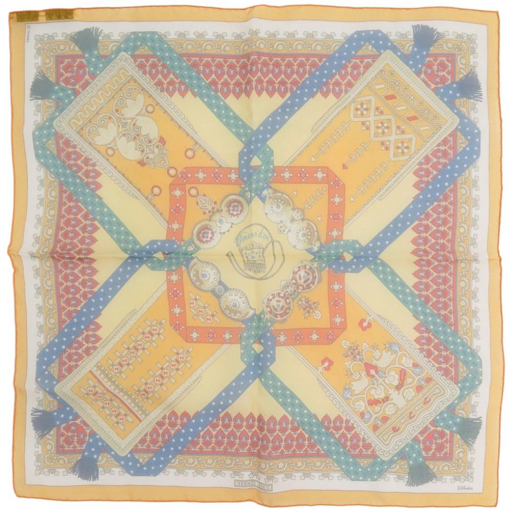 美品 エルメス カレ45 プチカレ Brins d'or 金の若枝 シルク