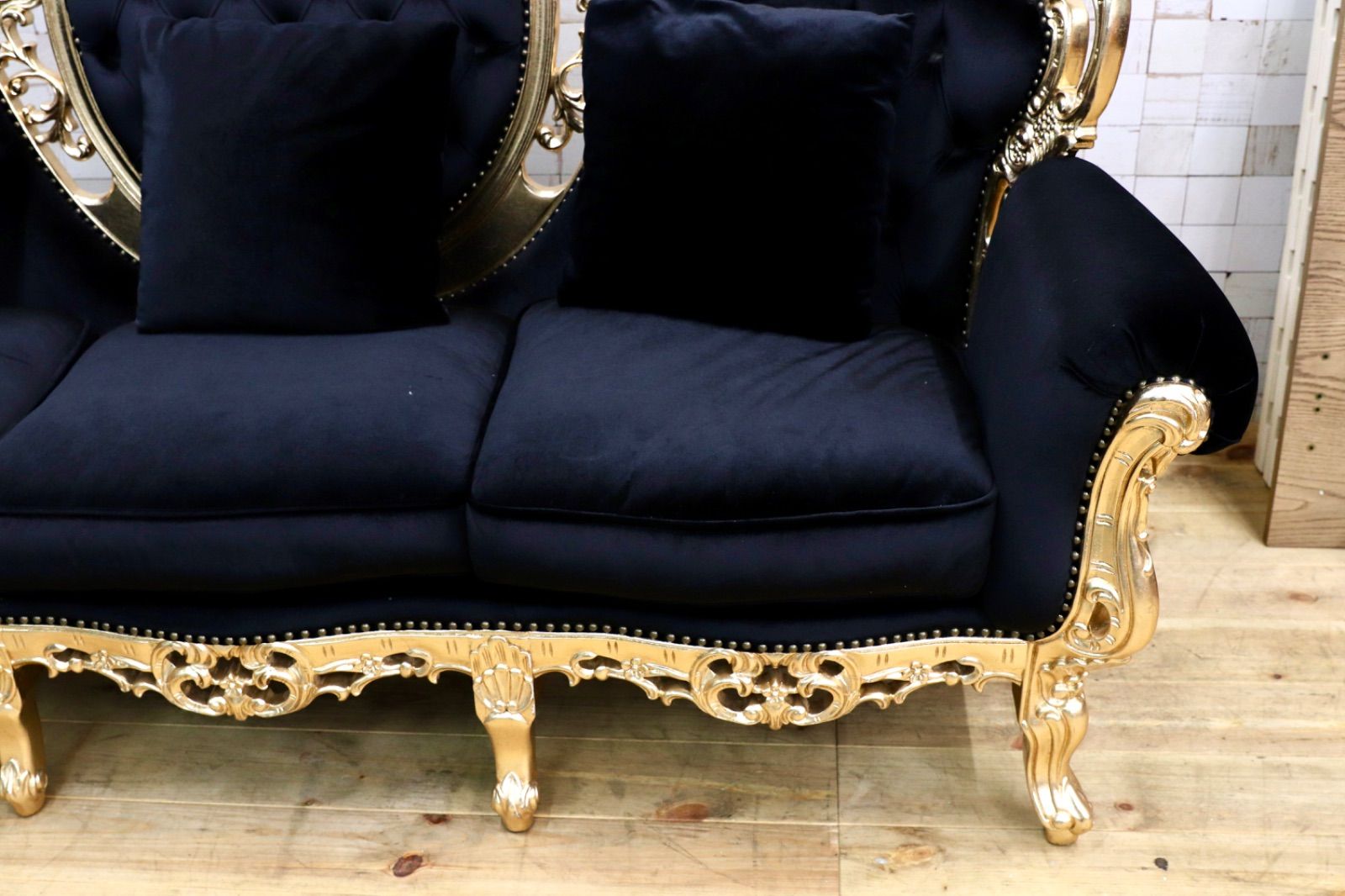 GMIK532 ヴェネチアン トリプルソファ イタリア 輸入家具 クラシック エレガント ブラック×ゴールド ファブリック 定価約46万