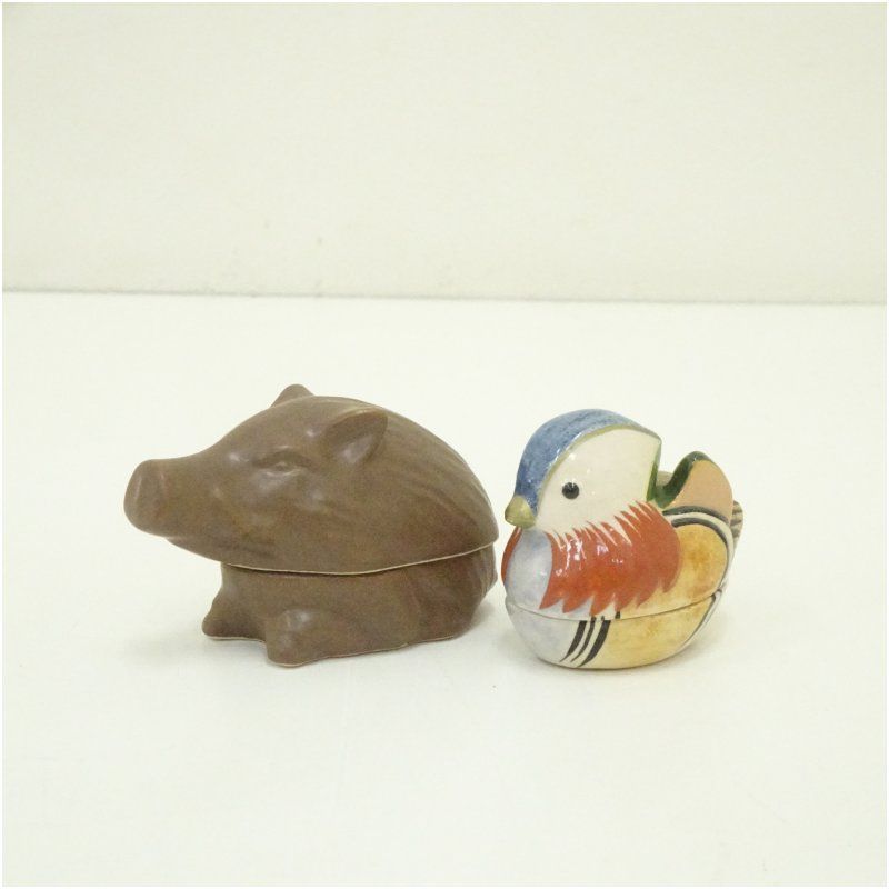 ♦亥 香合 作家物 茶道具 香道具 香 コレクション 骨董品 アンティーク 貴山造 干支亥香合・佐々木松楽造 酉香合 2点セット 茶道具 茶道