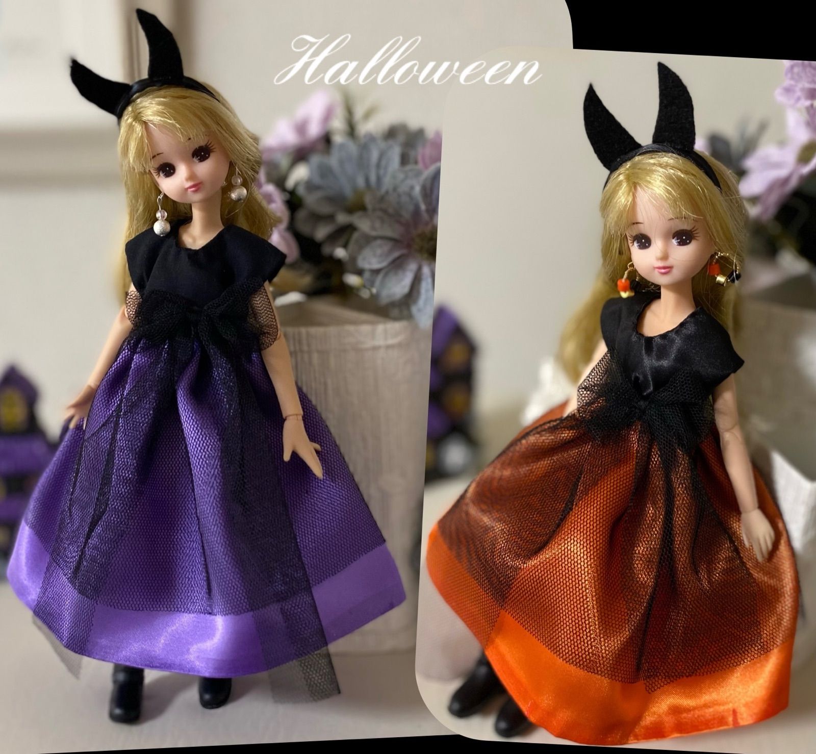 リカちゃんハンドメイド服 ハロウィンカチューシャ付きドレス3点