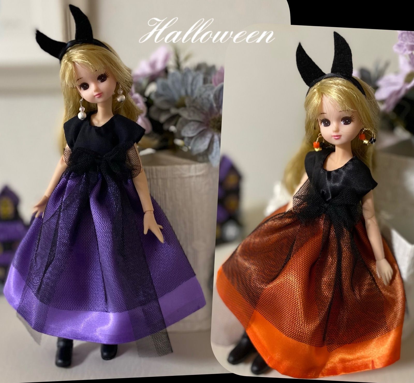 リカちゃんハンドメイド服 ハロウィンカチューシャ付きドレス３点