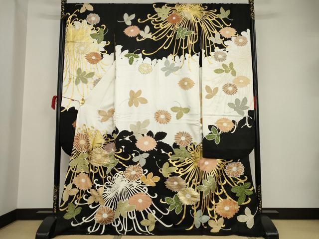 平和屋着物●豪華振袖　駒刺繍　乱菊　黒地　金彩　ロング丈　正絹　逸品　AAAT2258ck 平和屋着物○豪華振袖 駒刺繍 乱菊 黒地 金彩 ロング丈 正絹 逸品