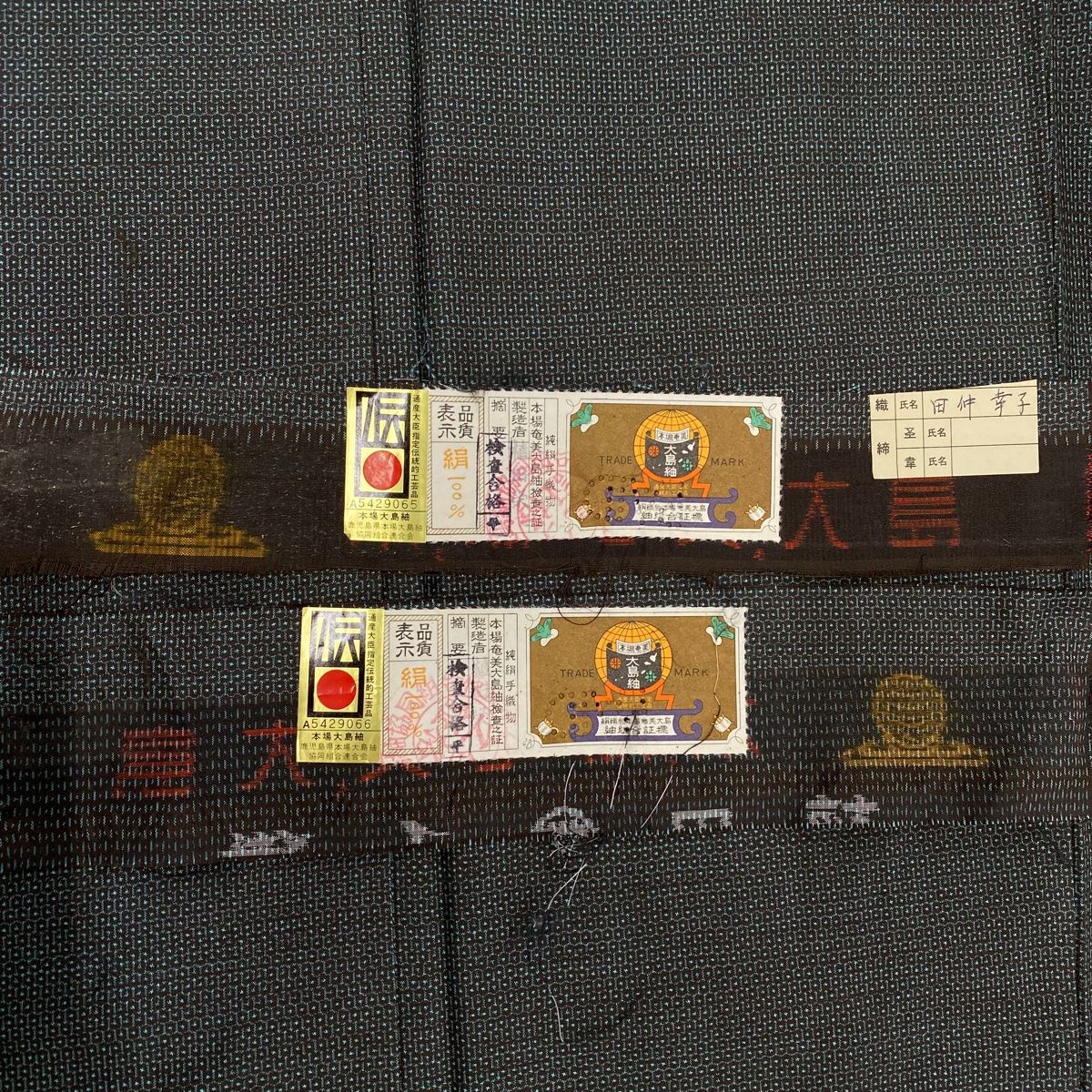 男着物 身丈146cm 裄丈72cm M 袷 アンサンブル 大島紬地 証紙 亀甲絣 深緑 正絹 秀品 MEDICALDB_JP