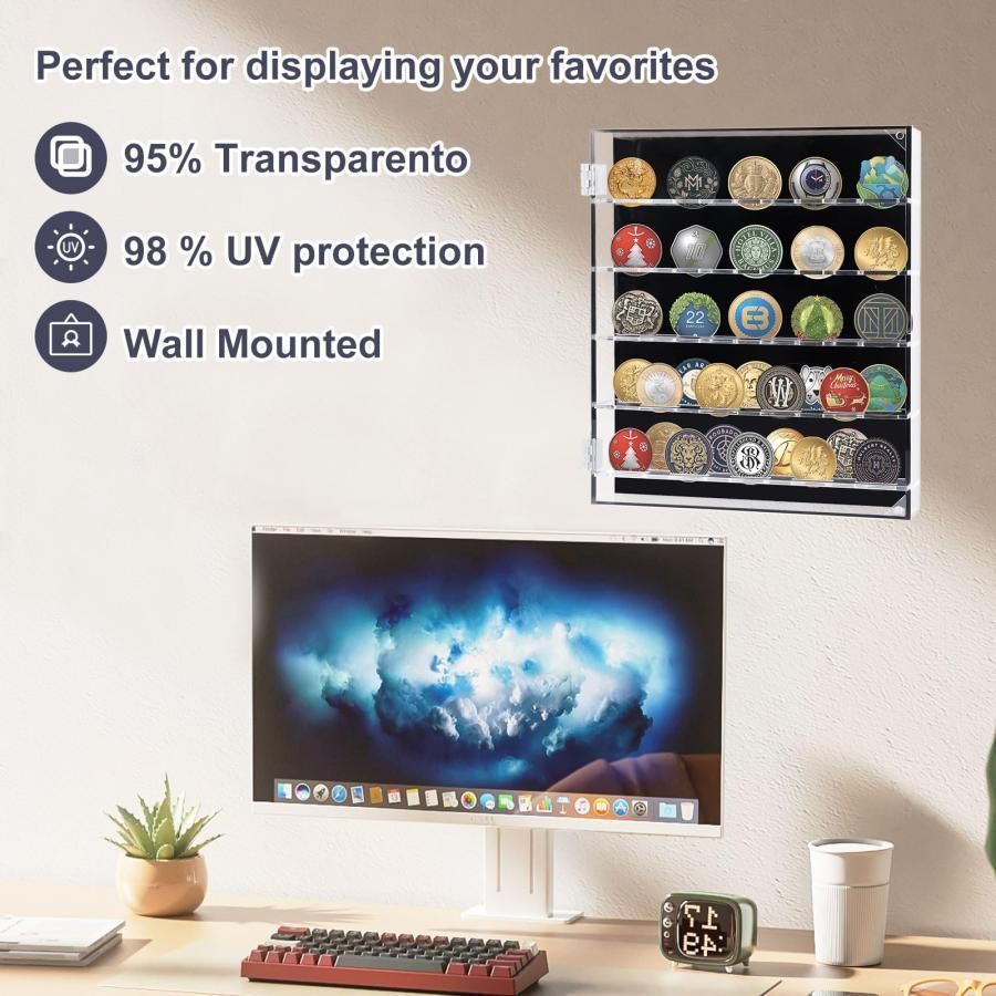 5列硬貨ショーケース、チャレンジコインディスプレイケース、アクリル硬貨スタンドショーケース、ロック可能