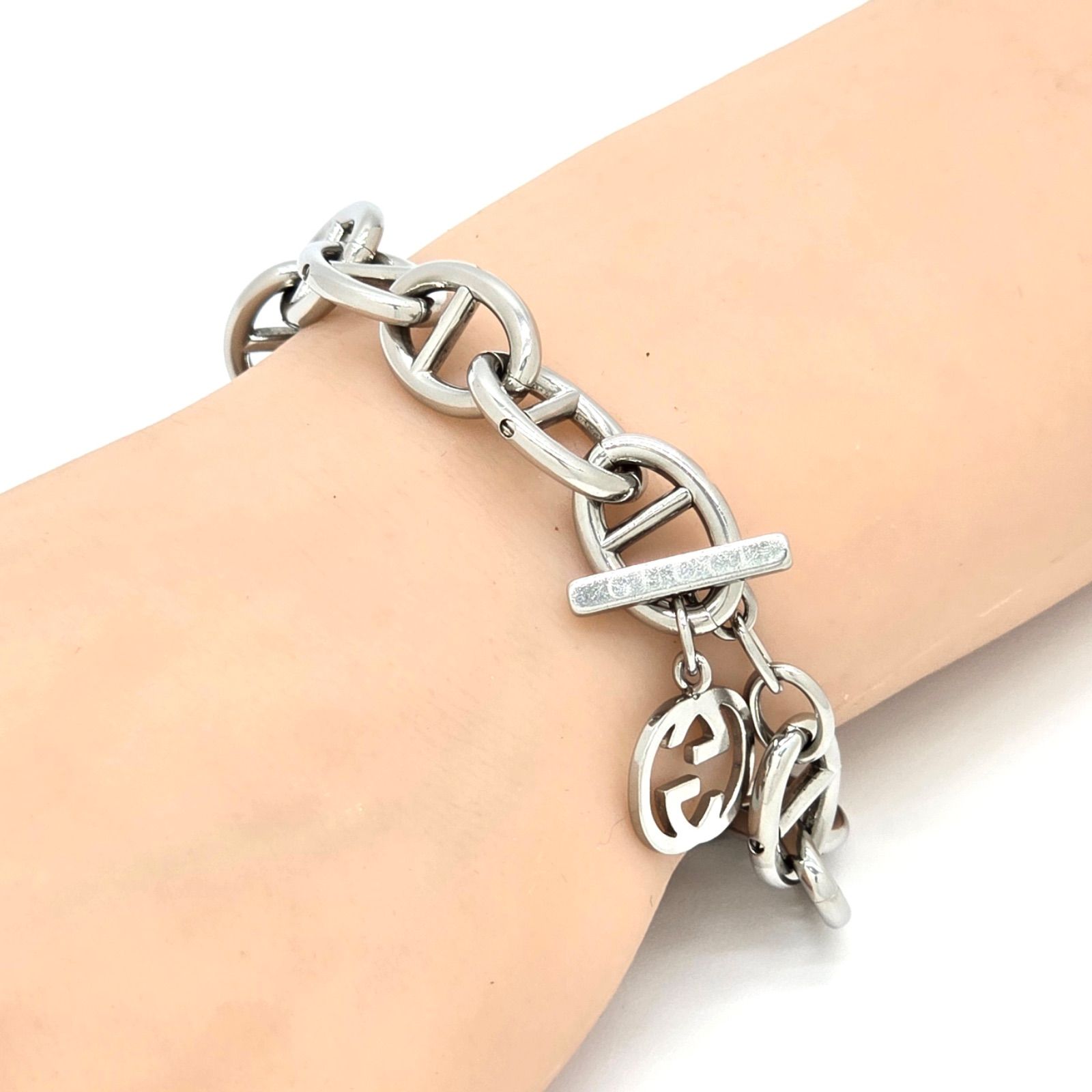 GUCCI グッチ アンカー チェーン ブレスレット インターロッキング チャーム PM 全長21.5㎝ シルバートーンメタル トム フォード期 男女兼用