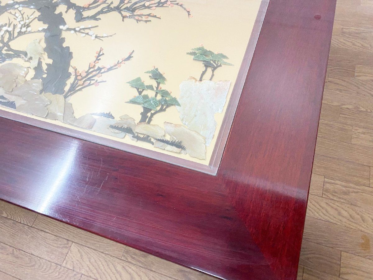 伝統工芸/花鳥図本花梨総無垢珊瑚サンゴ 彫刻座卓 座敷机 ローテーブル