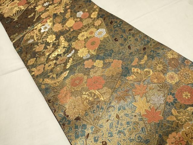 平和屋着物▽六通柄袋帯 扇面花蝶文 金銀糸 正絹 逸品