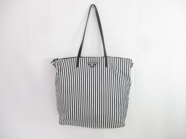 プラダ PRADA ナイロントートバッグ ストライプ ホワイト ブラック レディース