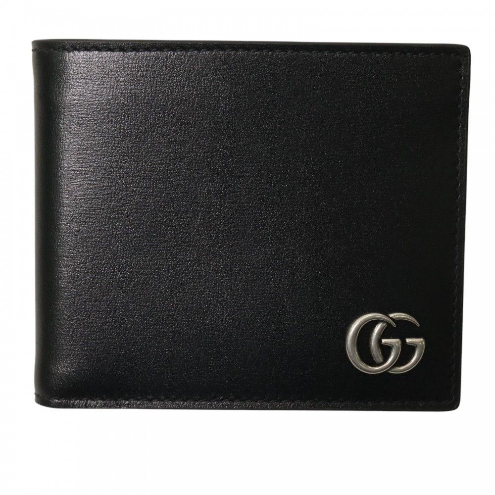 グッチ 二つ折り財布 メンズ ダブルG 二つ折りカードケースウォレット ミニ財布 ミニウォレット GG GUCCI 428726 レザー ブラック 黒 シルバー金具