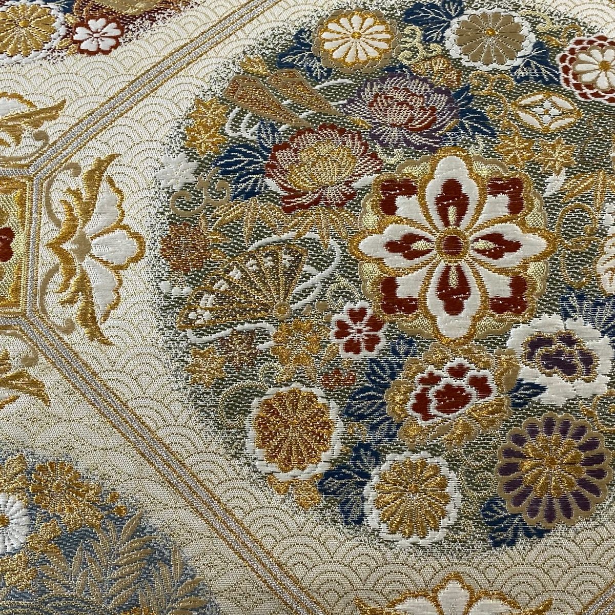 袋帯 秀品 蜀江文 草花 箔 金糸 ベージュ 六通 正絹 【中古