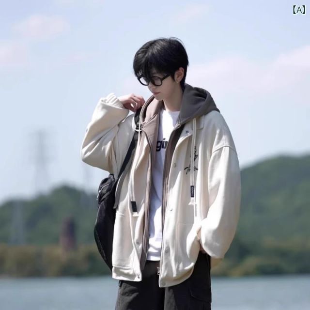 [M4-0ー]秋冬 コーデ メンズ  服 シンプル ファッション オシャレ 大人 かっこいい 大きいサイズ ストリート 紳士服 フェイク ツーピース ジャケット 厚手 プリント パーカー