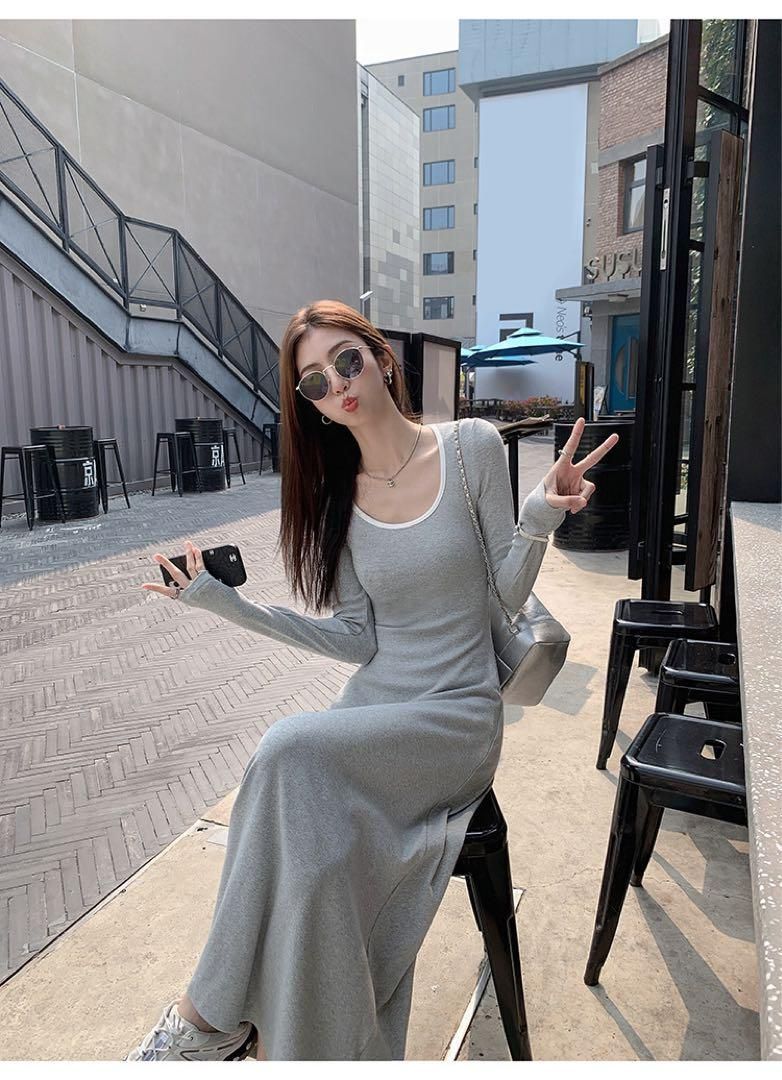 春のお出かけニットロングワンピースコントラスト Uネック長袖 NEXPOTALLINN_EU