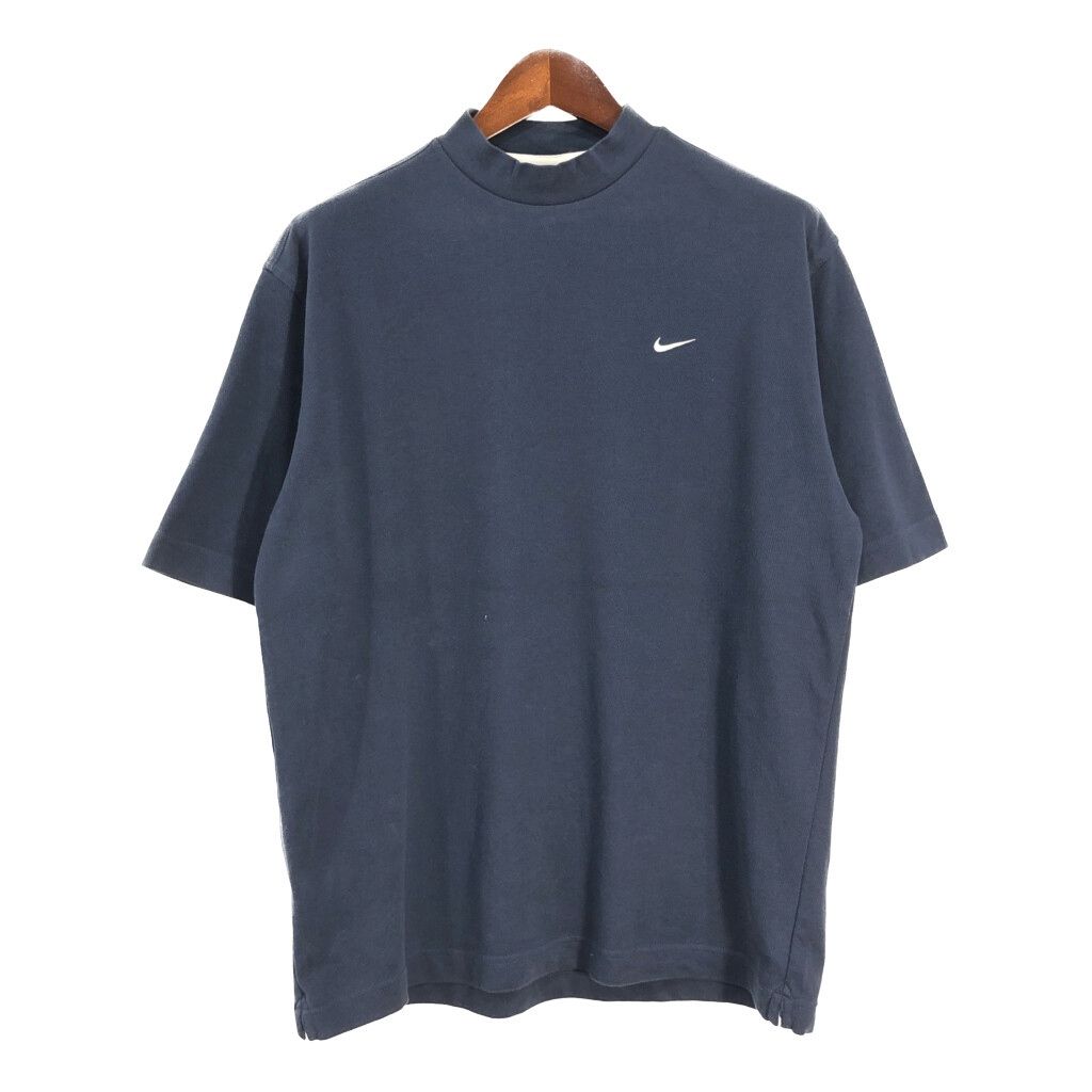 NIKE ナイキ モックネック 半袖Ｔシャツ スポーツ ワンポイントロゴ ネイビー メンズ L 古着 U0226
