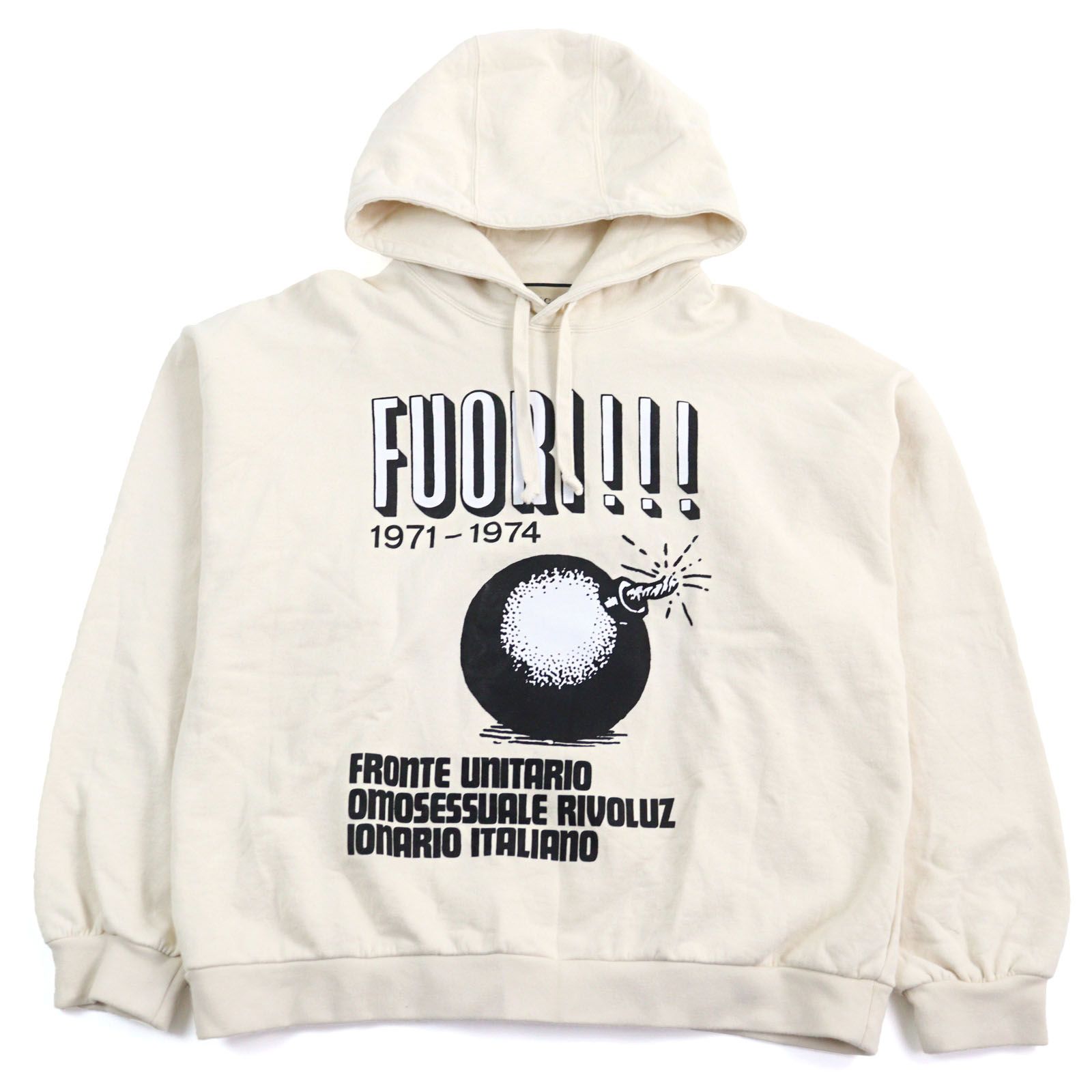 未使用品GUCCI グッチ 23SS 721427 Fuori Printed Hoodie コットン100% バックロゴプリント プルオーバー ボックスシルエット パーカー フ―ディー アイボリー系 L イタリア製 正規品 メンズ