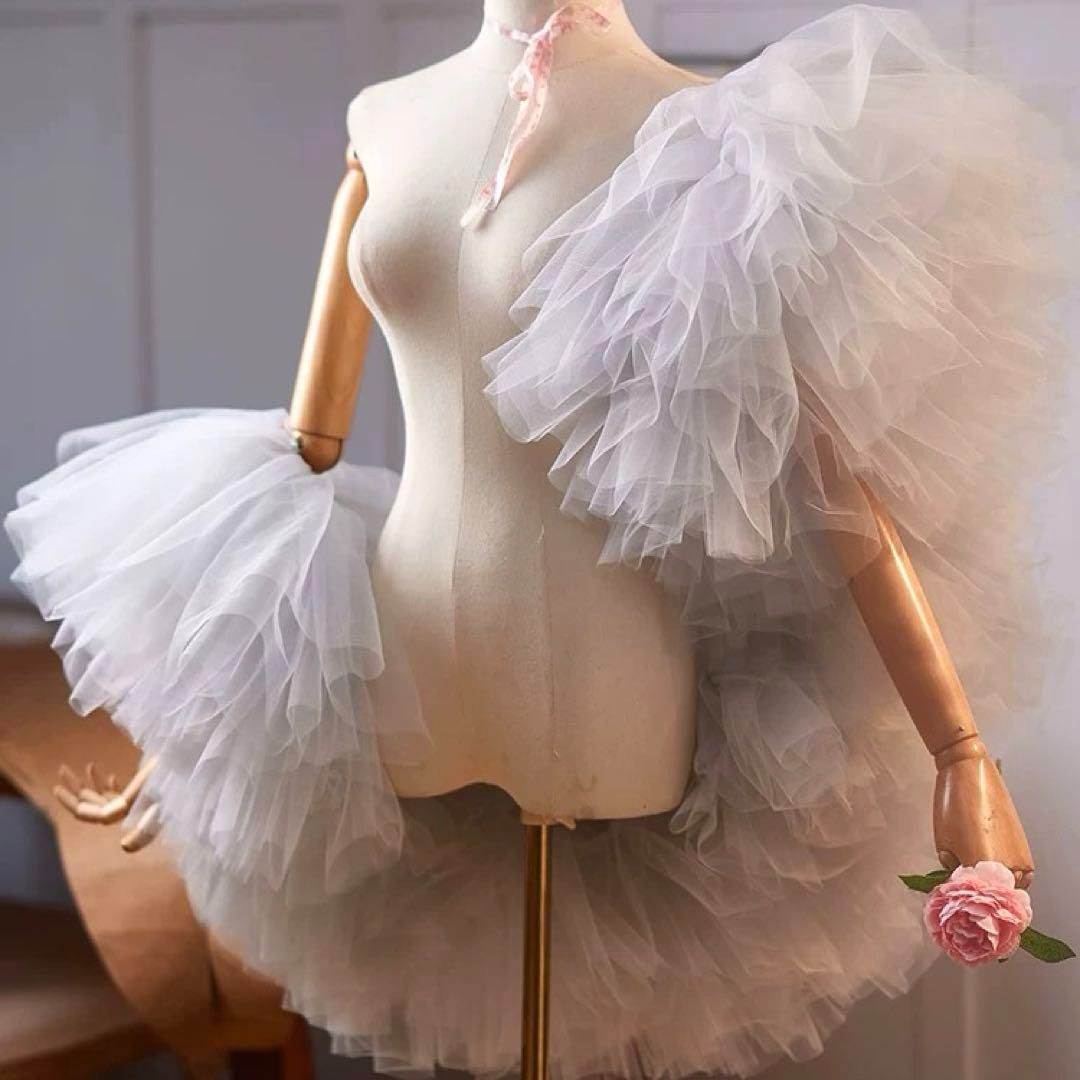 フリルスリーブがゴージャスなソフトチュールのロングショール 人気商品 フリルがゴージャスなソフトチュールのロングショール