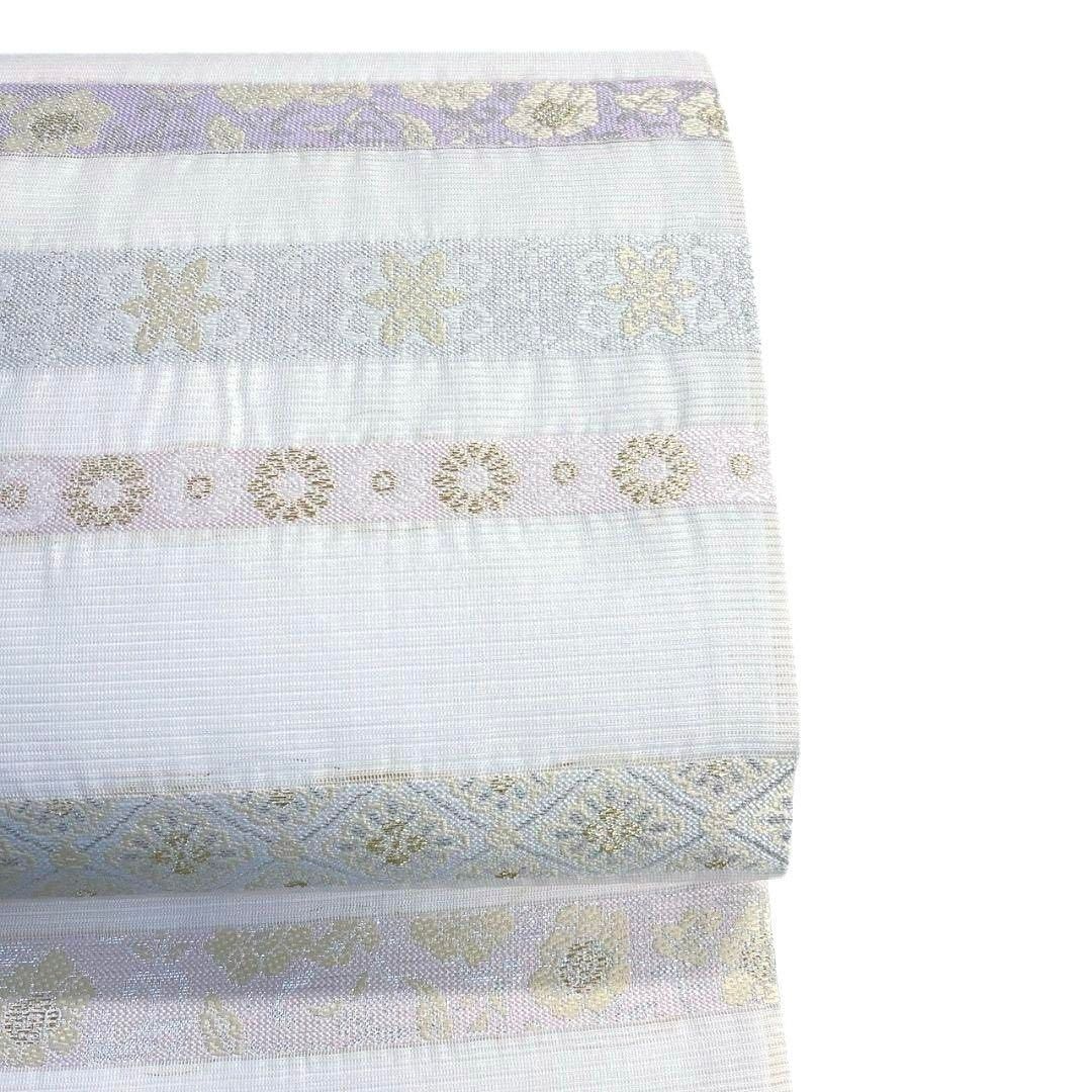 未着用 袋帯 夏用 絽 西陣織 横縞 花菱 白地 金糸 着物 092a p - メルカリ
