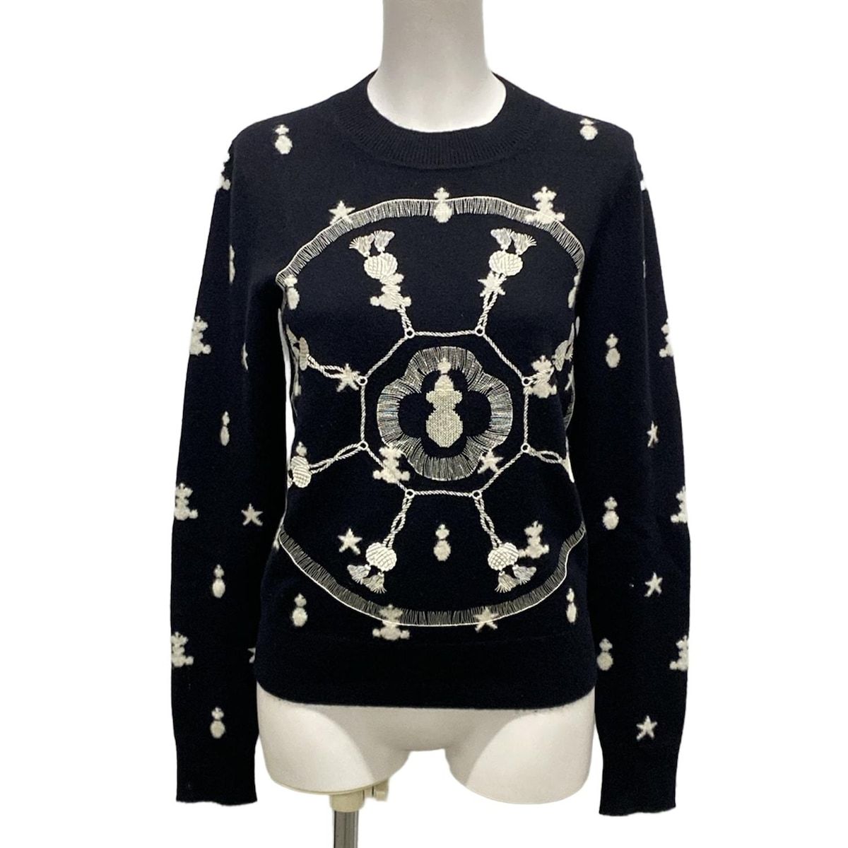 HERMES エルメス 長袖セーター サイズ36 S レディース - 16-7701 黒×白 刺繍 カシミヤ