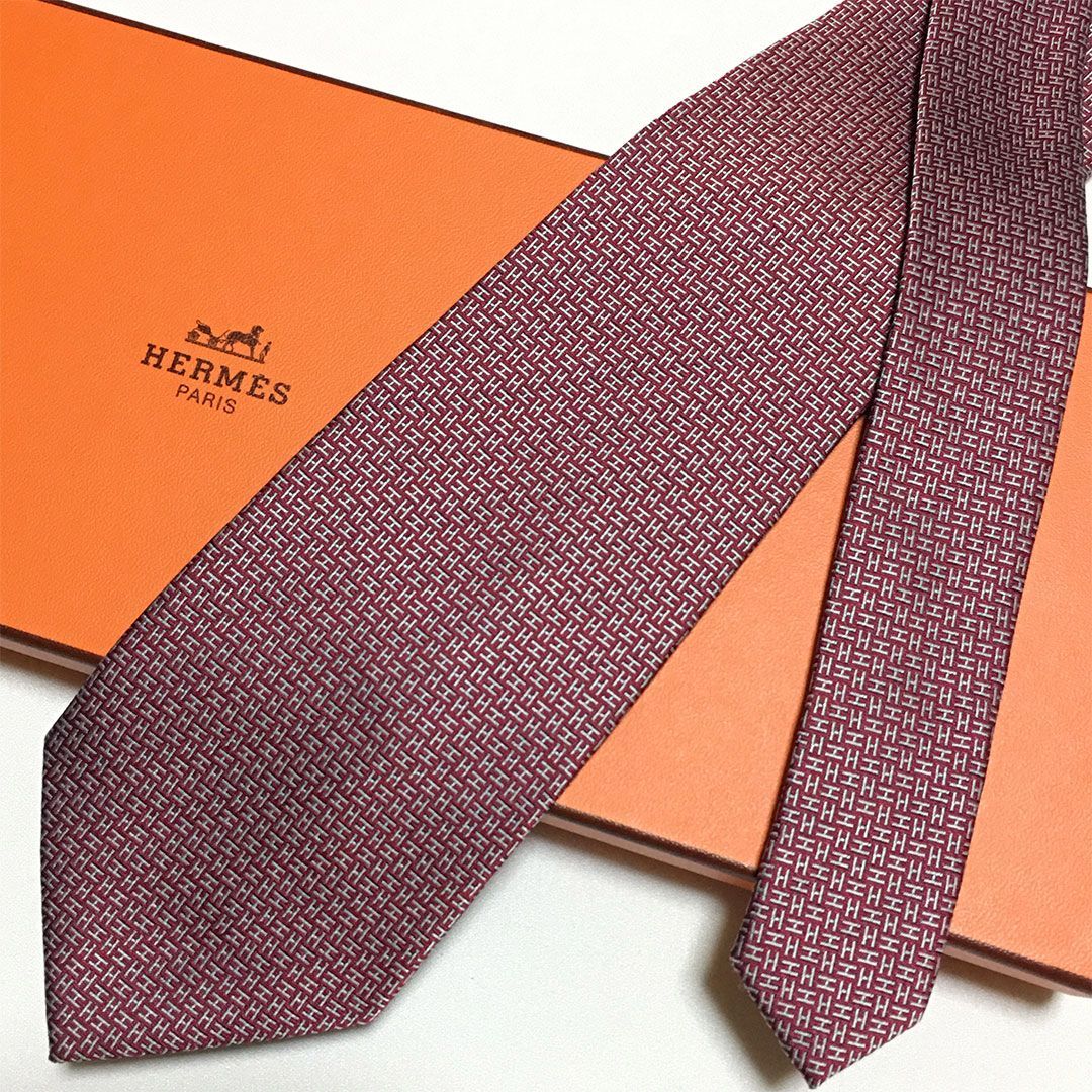美品 エルメス HERMES ネクタイ シルク100% ワインレッド H柄 美品 エルメス HERMES ネクタイ シルク100% ワインレッド / グレー H柄