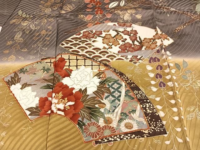 平和屋着物○訪問着 刺繍 地紙草花文 暈し染め 金彩 正絹