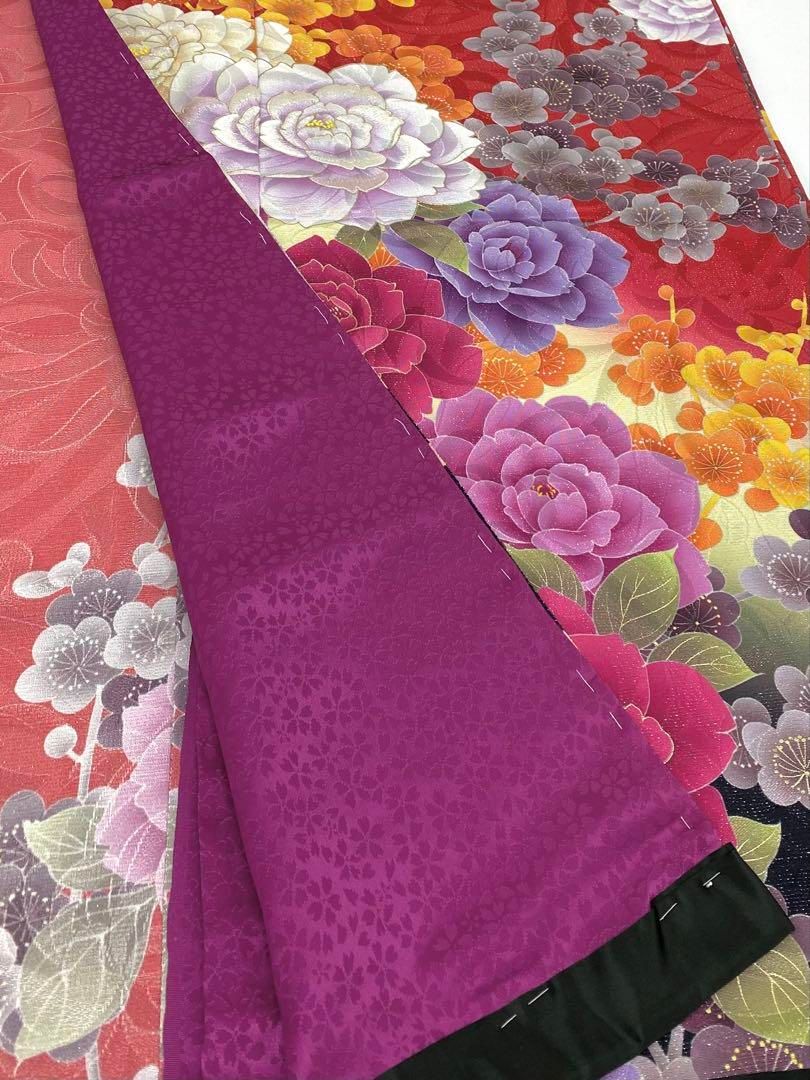 振袖 MERCURYDUOR 仮絵羽 京友禅 牡丹 正絹 未仕立て品 八掛付き