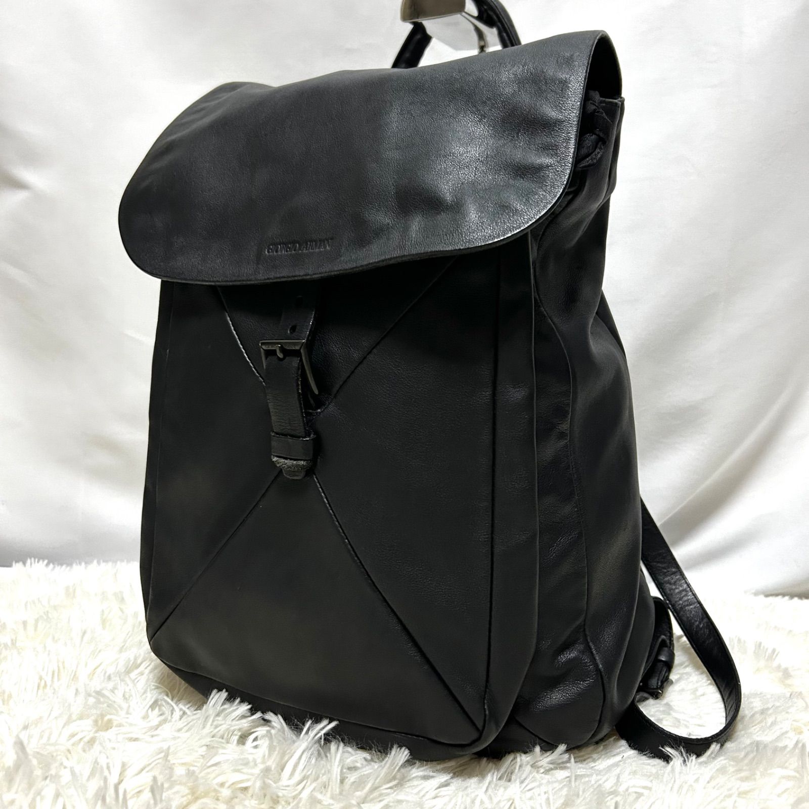 美品 GIORGIO ARMANI ジョルジオアルマーニ レザー リュック ブラック 