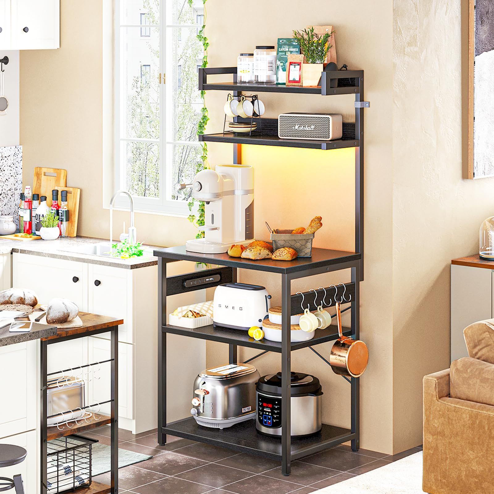 人気商品 食器棚 5段式 キッチン収納 棚の高さ調整 幅60cm レンジ台 奥行40cm キッチン棚 高さ150cm コンセント付き レンジラック USBポート付き キッチンラック led付き S型フック KKL キッチン ブラック