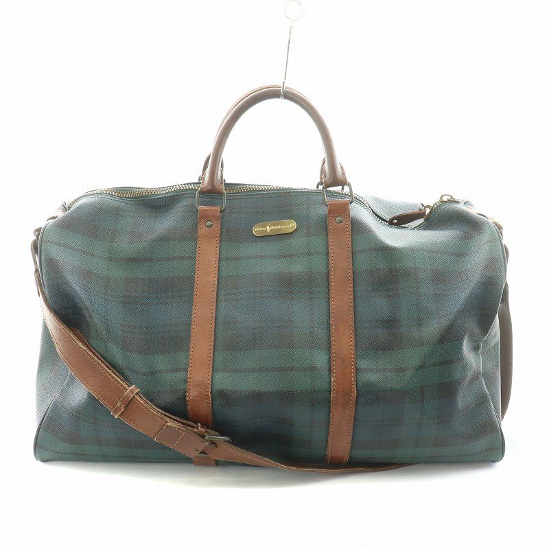 ポロ ラルフローレン POLO RALPH LAUREN 2WAY ボストンバッグ ハンドバッグ ショルダーバッグ PVCレザー チェック柄 ロゴ 鍵 カギ 南京錠 紺 ネイビー 緑 グリーン |BB