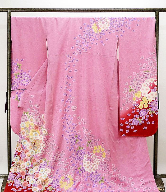 振袖 仕立済 正絹 雪輪桜模様 身丈177cm 裄丈72cm 振袖 仕立て上がり 着物 e1038