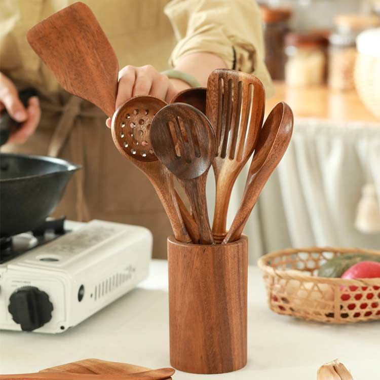 収納容器付 木製 キッチンツール チーク材 へら 調理器具ツール 天然木 キッチンツールセット ナチュラル 漆塗り 耐熱 吊り下げ お玉 スプーン キッチンツール おしゃれ フライ返し 調理器具セット palA960