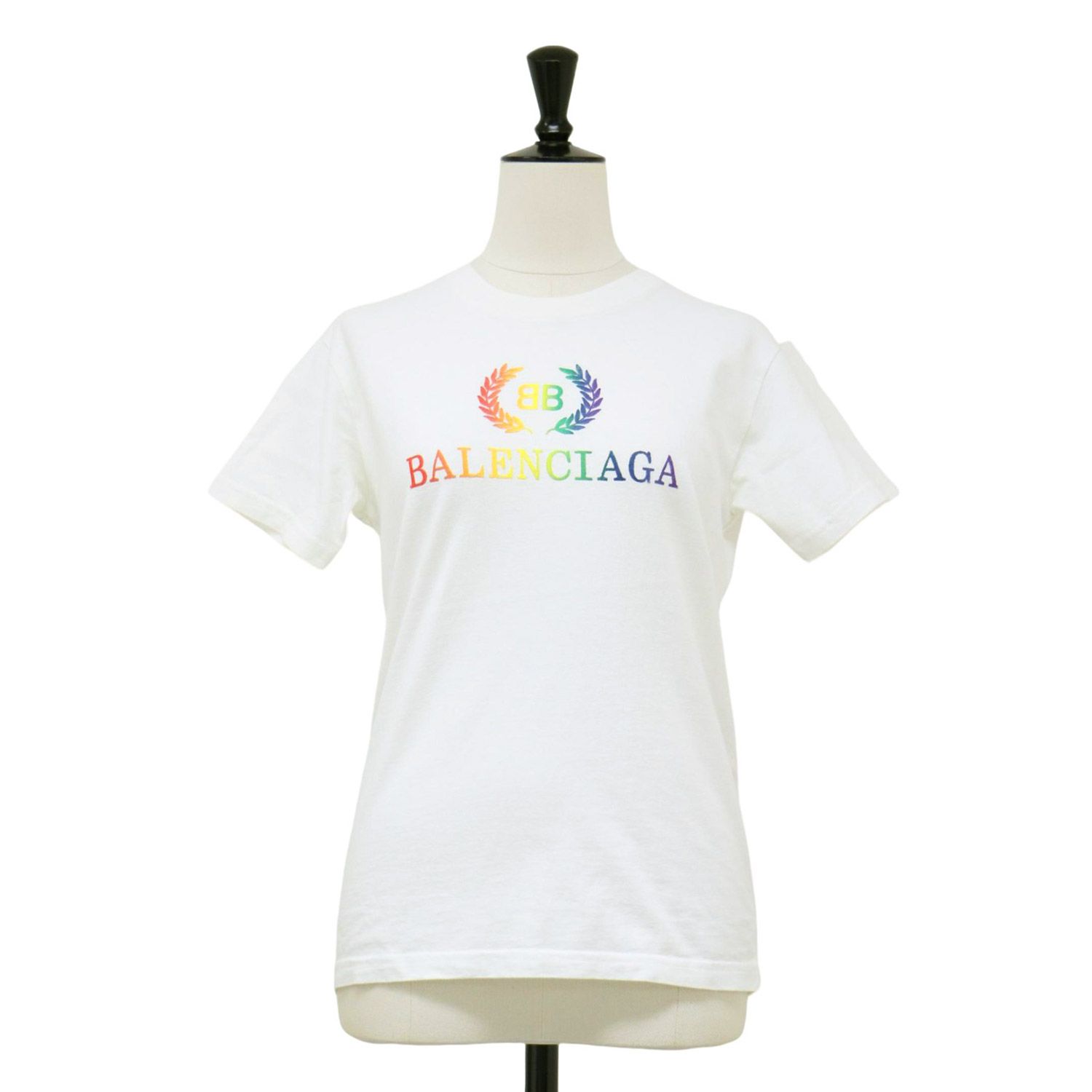 BALENCIAGA バレンシアガ Tシャツ ホワイト 白 サイズ XS | BBロゴ レインボー 刺繍 Tシャツ | カットソー 半袖 クルーネック コットン | トップス レディース