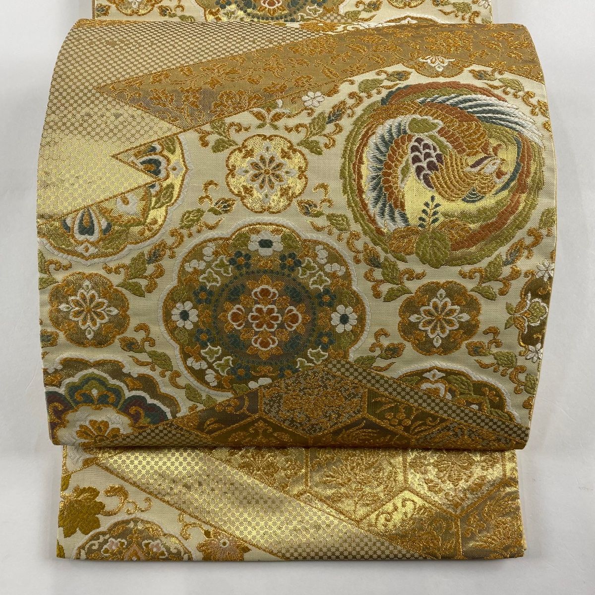 袋帯 秀品 華文 鳳凰 金糸 箔 金色 六通 正絹