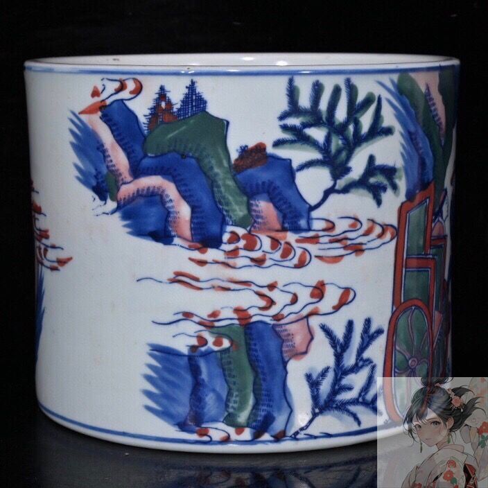 旧家蔵出『清 青花山水人物物語図花觚 康熙年製款 染付