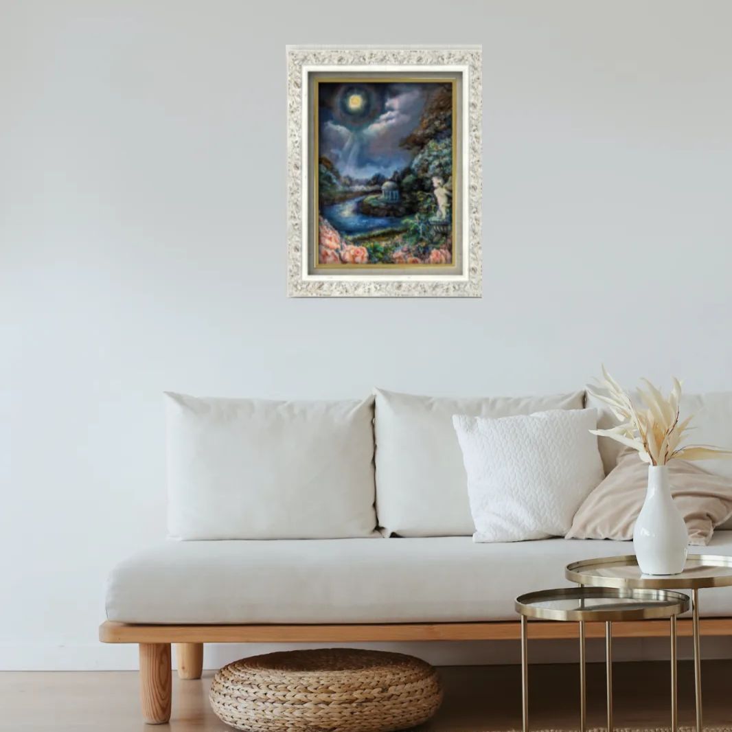 風景画 painterTMK 真筆 月光 夜の風景 画家本人出品 満月風景画