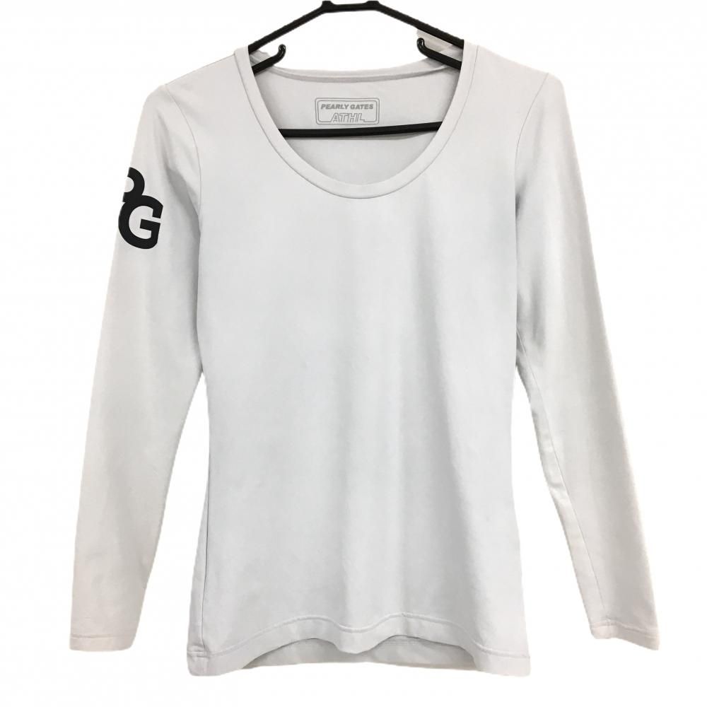 【美品】パーリーゲイツ クルーネックインナーシャツ 白 ロゴ黒 ストレッチ  レディース 1(M) ゴルフウェア PEARLY GATES