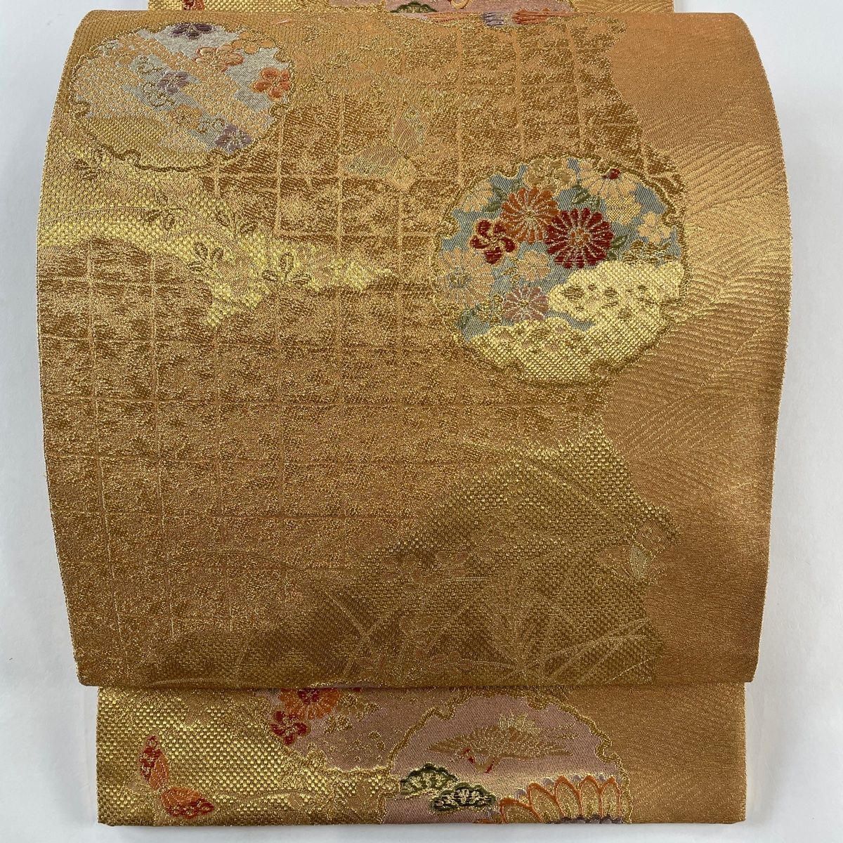 袋帯 美品 秀品 雪輪 花鳥 金糸 箔 金色 六通 正絹 【中古