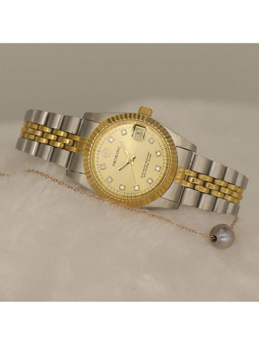 腕時計 レディース クォーツ 本物のクラウン腕時計 防水 ビジネス レトロファッション ラインストーン レディース腕時計 ハイエンド ステンレススチール カレンダー エレガントカジュアル ゴールドダイヤ