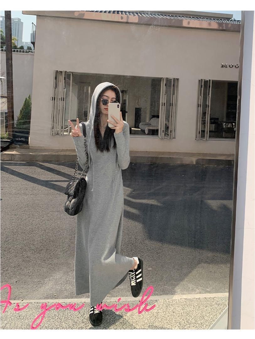 ♥ フード付ニットロングワンピース