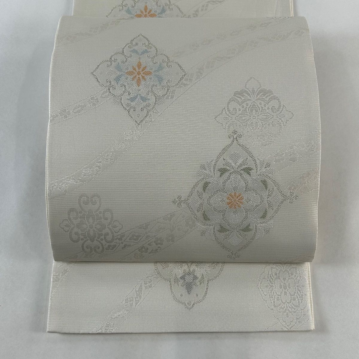 袋帯 美品 秀品 夏帯 華文 銀糸 箔 灰色 六通 正絹 【中古