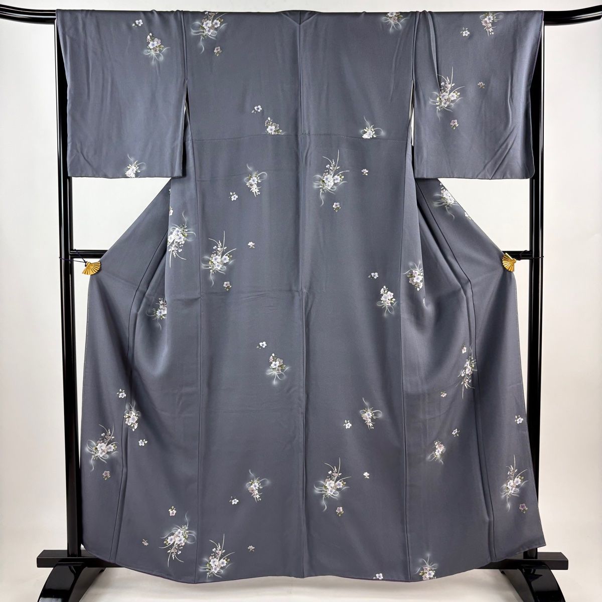 正絹　夏物　小紋　絽　枝花文　銀彩　逸品　身丈154　裄65 小紋 身丈160cm 裄丈66cm M 袷 花束 金銀彩 ぼかし 灰色 正絹 秀