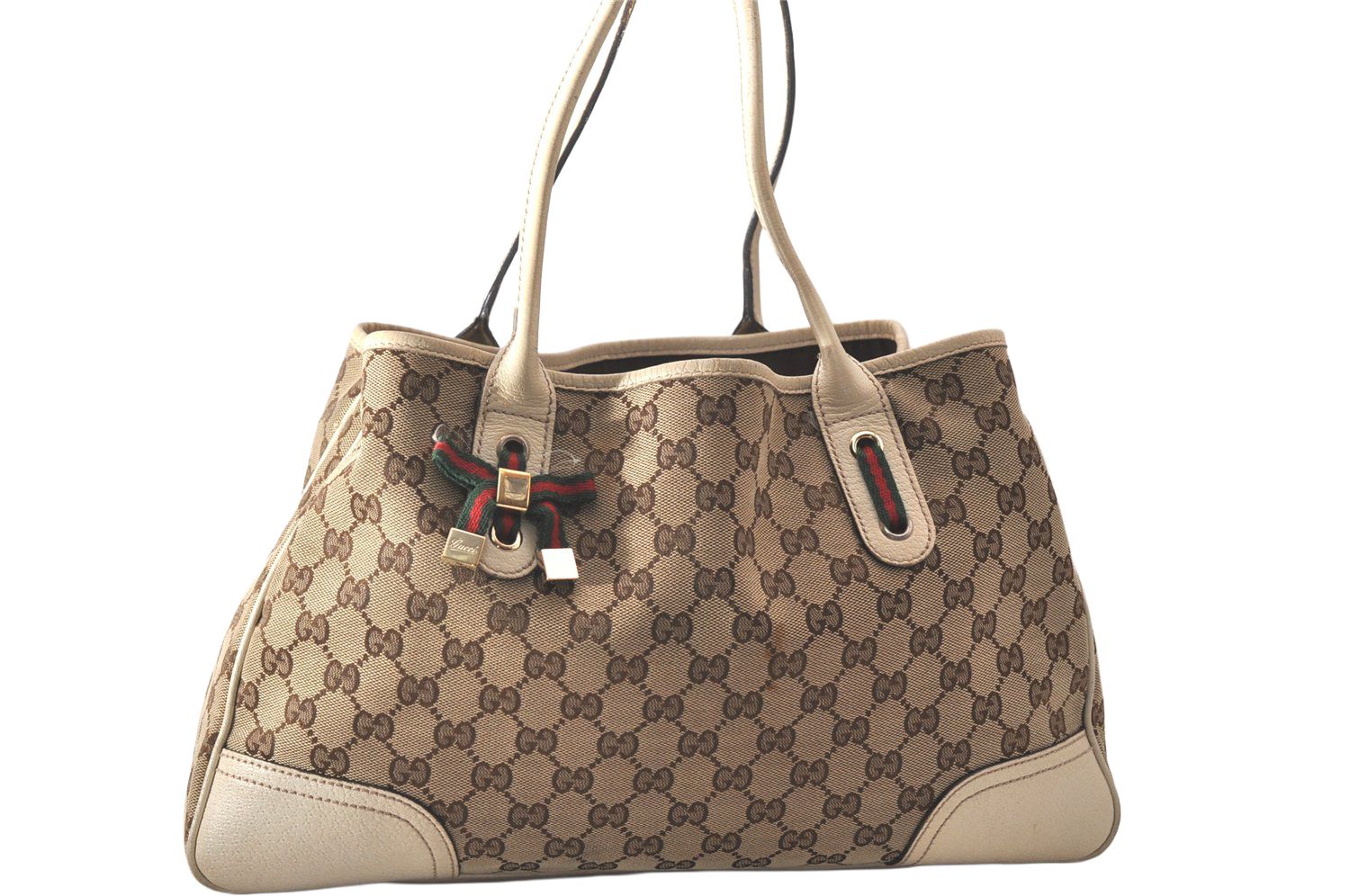 GUCCI グッチ　シェリーリボン　 GGモノグラム　トートバッグ　茶色 GUCCI - GUCCI グッチシェリーリボン GGモノグラム トートバッグ