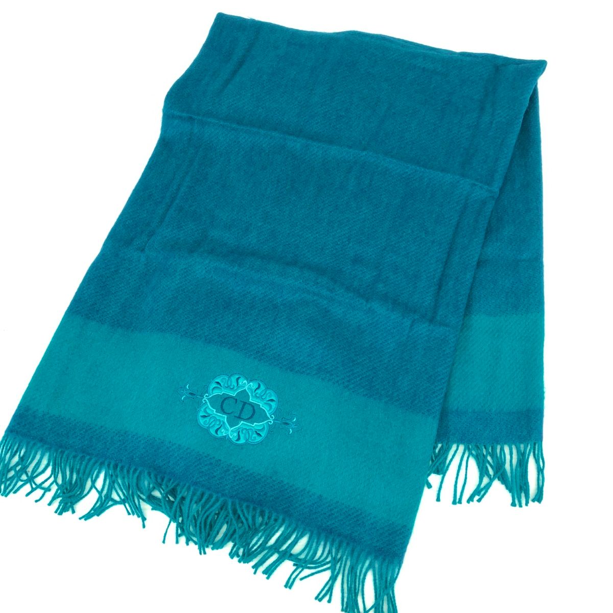 Christian Dior クリスチャンディオール ブランケット CDロゴ刺繍 ウール ロゴ刺繍 フリンジ ターコイズ色 ブルー レディース 240001163567