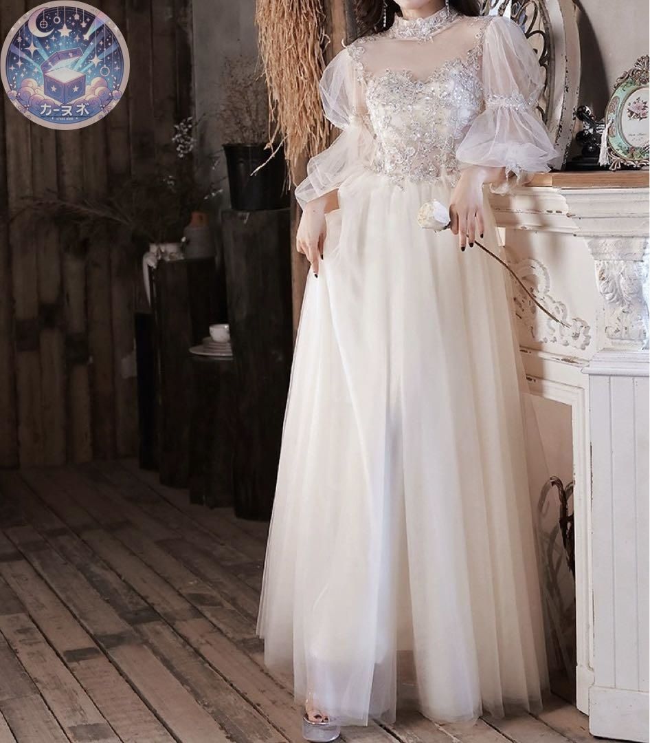 ♥ お花のデザインにお袖が可愛い チュール イブニングドレス