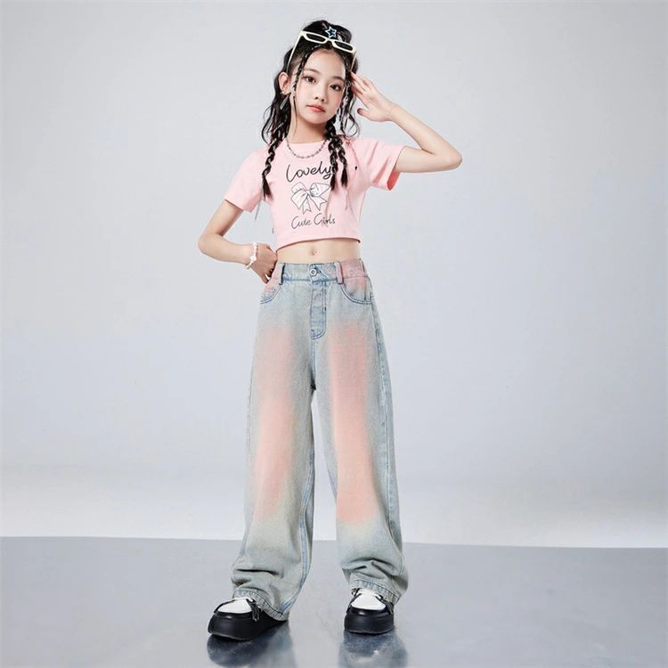 キッズダンス衣装 セットアップ チアガール 2点セット イラスト 半袖 Tシャツ トップス ロングパンツ デニムパンツ ピンク ブルー デニム