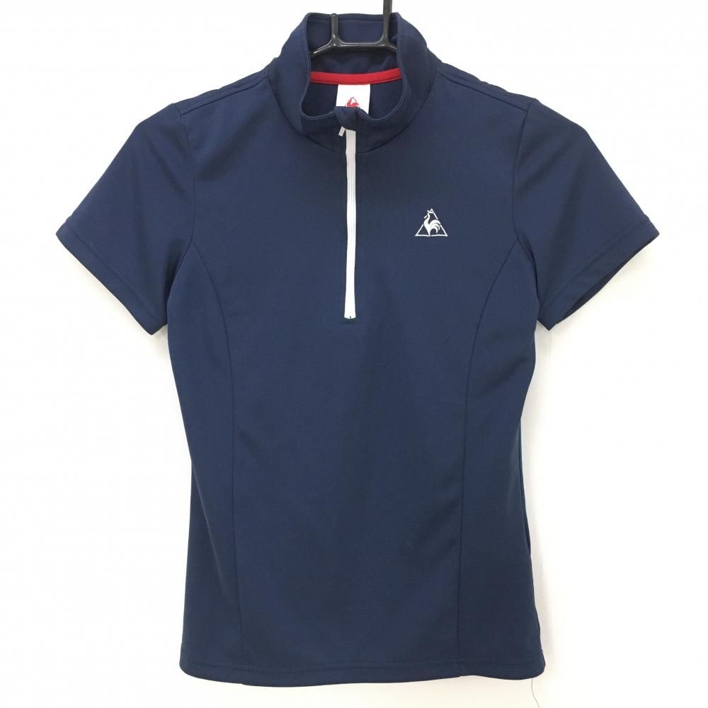 【超美品】ルコック 半袖ハイネックシャツ ネイビー ロゴ白 ハーフジップ  レディース M ゴルフウェア le coq sportif