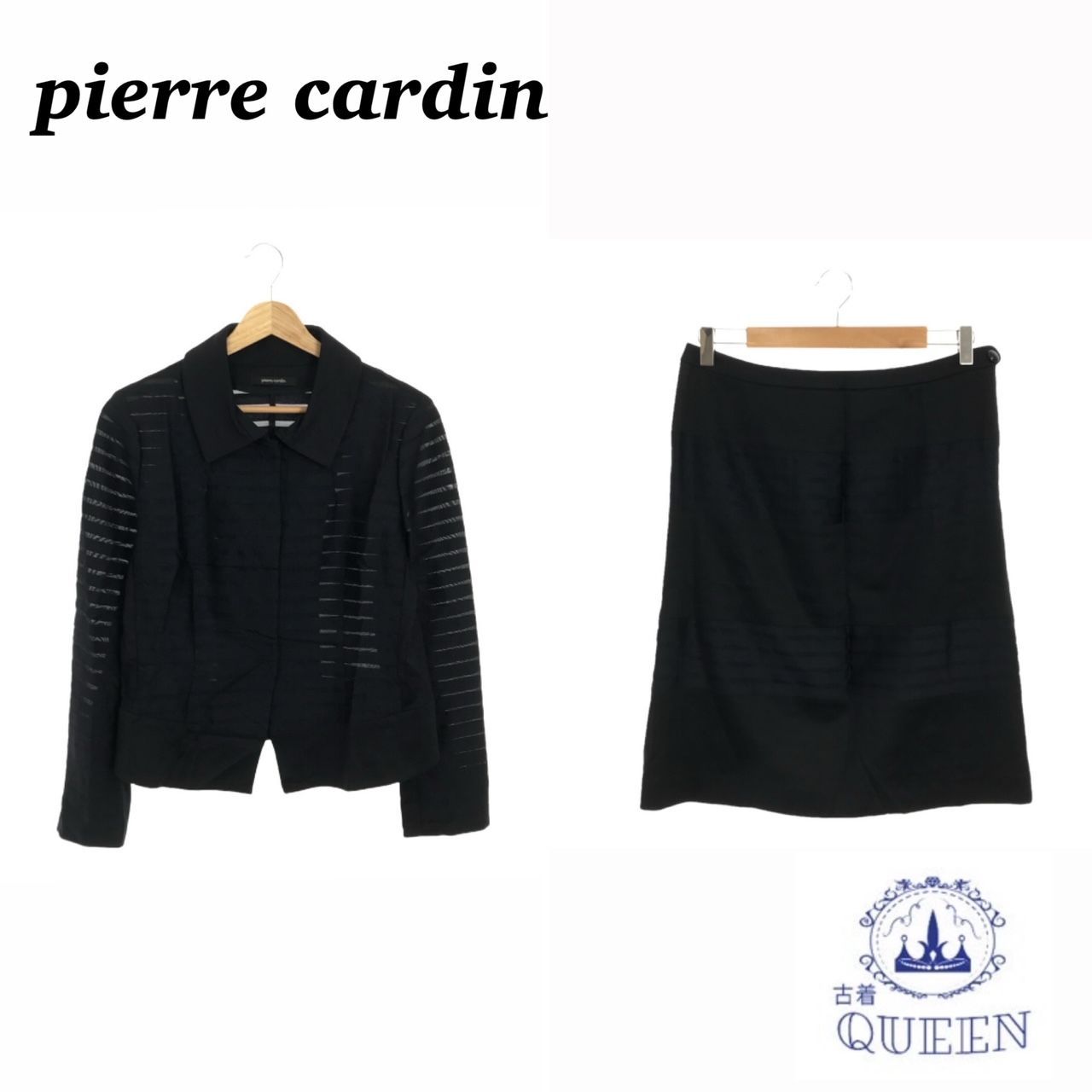 ☆美品☆ pierre cardin ピエールカルダン セットアップ ジャケット 長袖 袖スリット 襟付き 透け感 スカート ひざ丈 きれいめ 大きいサイズ レディース ブラック 42 キュプラ 日本製 901-16434 送料無料 古着