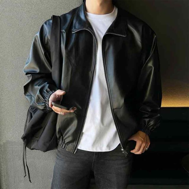 秋冬 メンズ 服 シンプル ファッション オシャレ 大人 かっこいい 大きいサイズ ストリート 紳士服 ブラック PU エコ レザー ジャケット 秋冬 韓国スタイル ハイエンド 軽 ストレッチ ウエスト ジャケット