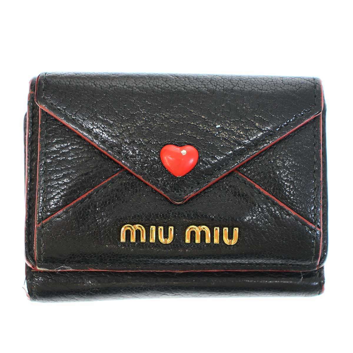 MIU MIU 三つ折り財布 マドラスラブ ウォレットブラック miu miu ミュウミュウ マドラス ラブレター 3つ折りコンパクト