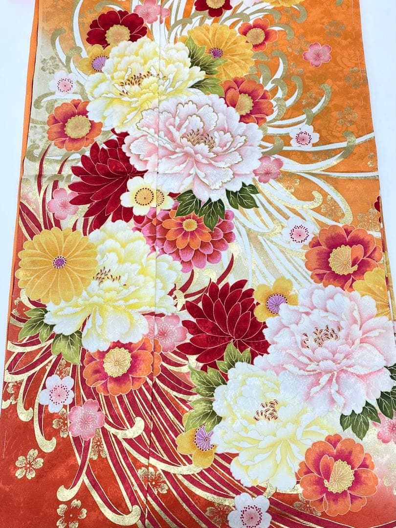 振袖 仮絵羽 舞台衣装 正絹 刺繍 金彩 紋意匠 未仕立て品 八掛付き