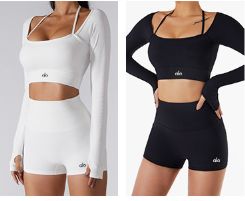 Alo Yoga アロヨガ レディース フィットネス ウェア 上下セット ショートパンツ へそ出し ヨガ タイト トレーニング 長袖 T シャツ 胸パッド付き